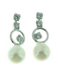 Orecchini Donna Perle Con Zirconi Oro Bianco 18 kt Carati Ct 750 1,65 Gr