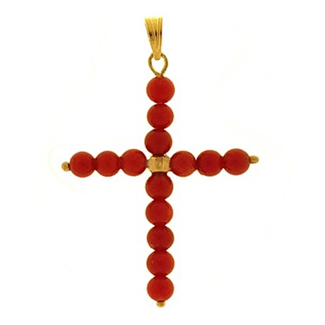 CIONDOLO CROCE CORALLO ROSSO - Donna Oro Giallo 18 Kt Carati Ct 750