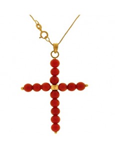 COLLANA CROCE CORALLO ROSSO - Donna Oro Giallo 18 Kt Carati Ct 750