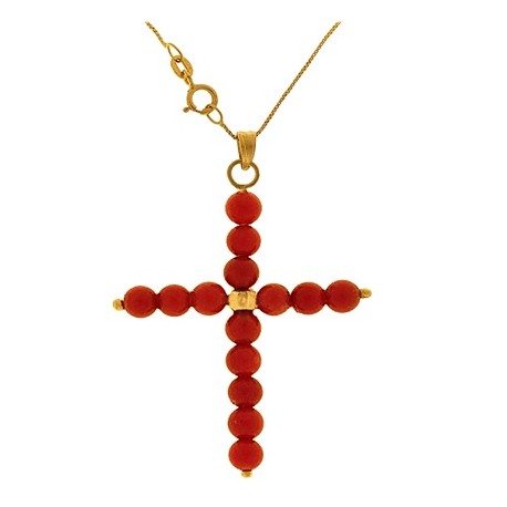 COLLANA CROCE CORALLO ROSSO - Donna Oro Giallo 18 Kt Carati Ct 750