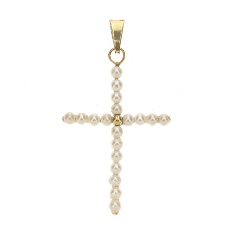 Ciondolo Pendente Croce Perle Donna Oro Giallo  18 Kt Carati 750 0,55 Gr