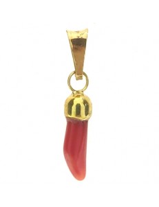 Ciondolo Pendente Corno Cornetto Corallo Uomo Donna Oro Giallo 18 Kt Carati 750 0,45 Gr