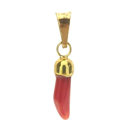 Ciondolo Pendente Corno Cornetto Corallo Uomo Donna Oro Giallo 18 Kt Carati 750 0,45 Gr