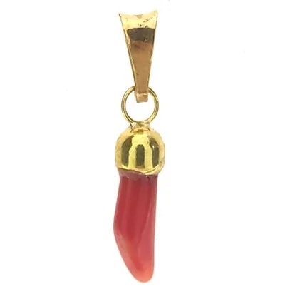 Ciondolo Pendente Corno Cornetto Corallo Uomo Donna Oro Giallo 18 Kt Carati 750 0,40 Gr