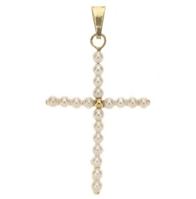 Ciondolo Pendente Croce Perle Donna Oro Giallo 18 Kt Carati 750 0,65 Gr