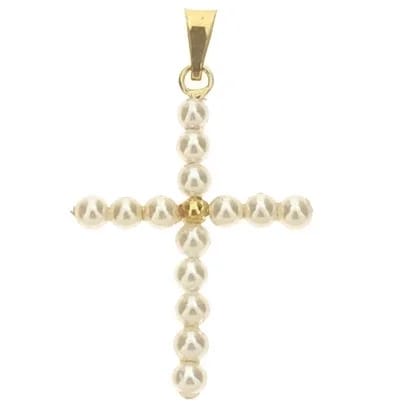 Ciondolo Pendente Croce Perle Donna Oro Giallo 18 Kt Carati 750 0,95 Gr