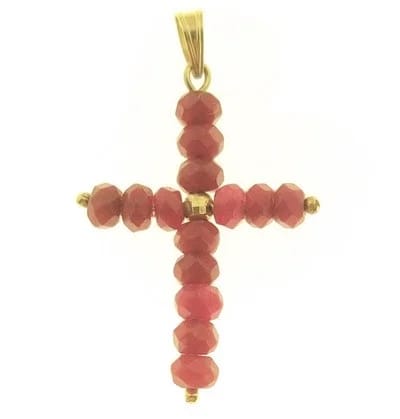 Ciondolo Pendente Croce Rubini Uomo Donna Oro Giallo 18 Kt Carati 750 1,60 Gr