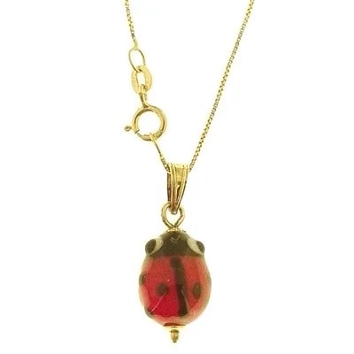 Collana Catenina Coccinella In Vetro di Murano Oro Giallo 18 Kt Carati Ct 750 2,20 Gr