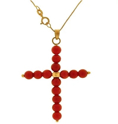 Collana Catenina Croce Corallo Donna Oro Giallo 18 Kt Carati Ct 750 2,10 Gr