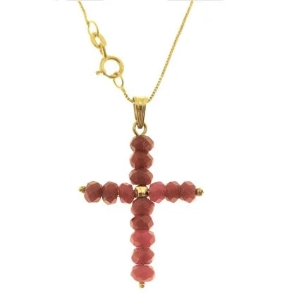 Collana Catenina Croce Rubini Donna Oro Giallo 18 Kt Carati 750 2,30 Gr
