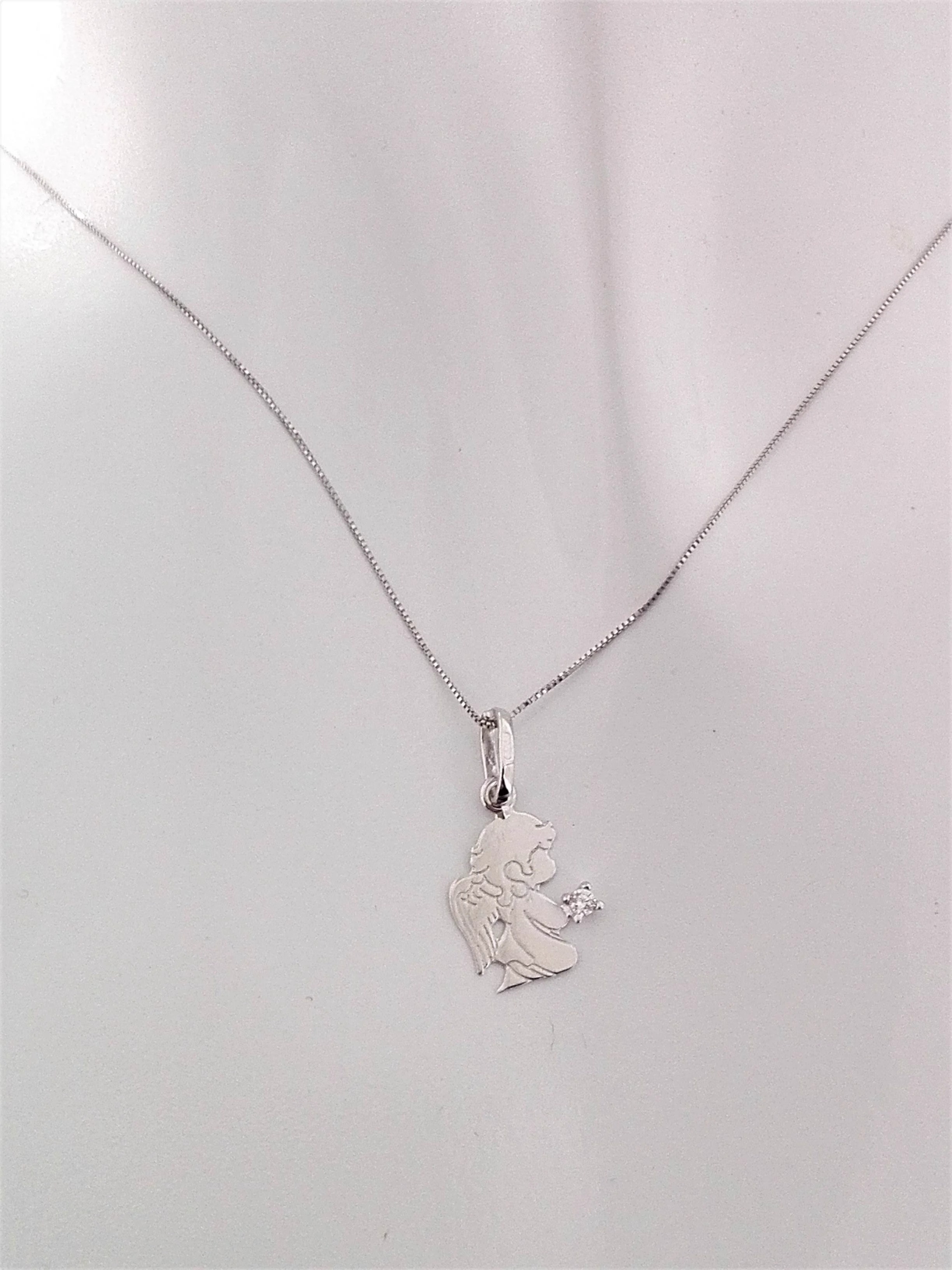 Collana Catenina Pendente Angelo Donna Oro Bianco 18 Kt Carati Ct 750 1,15 Gr - immagine 2