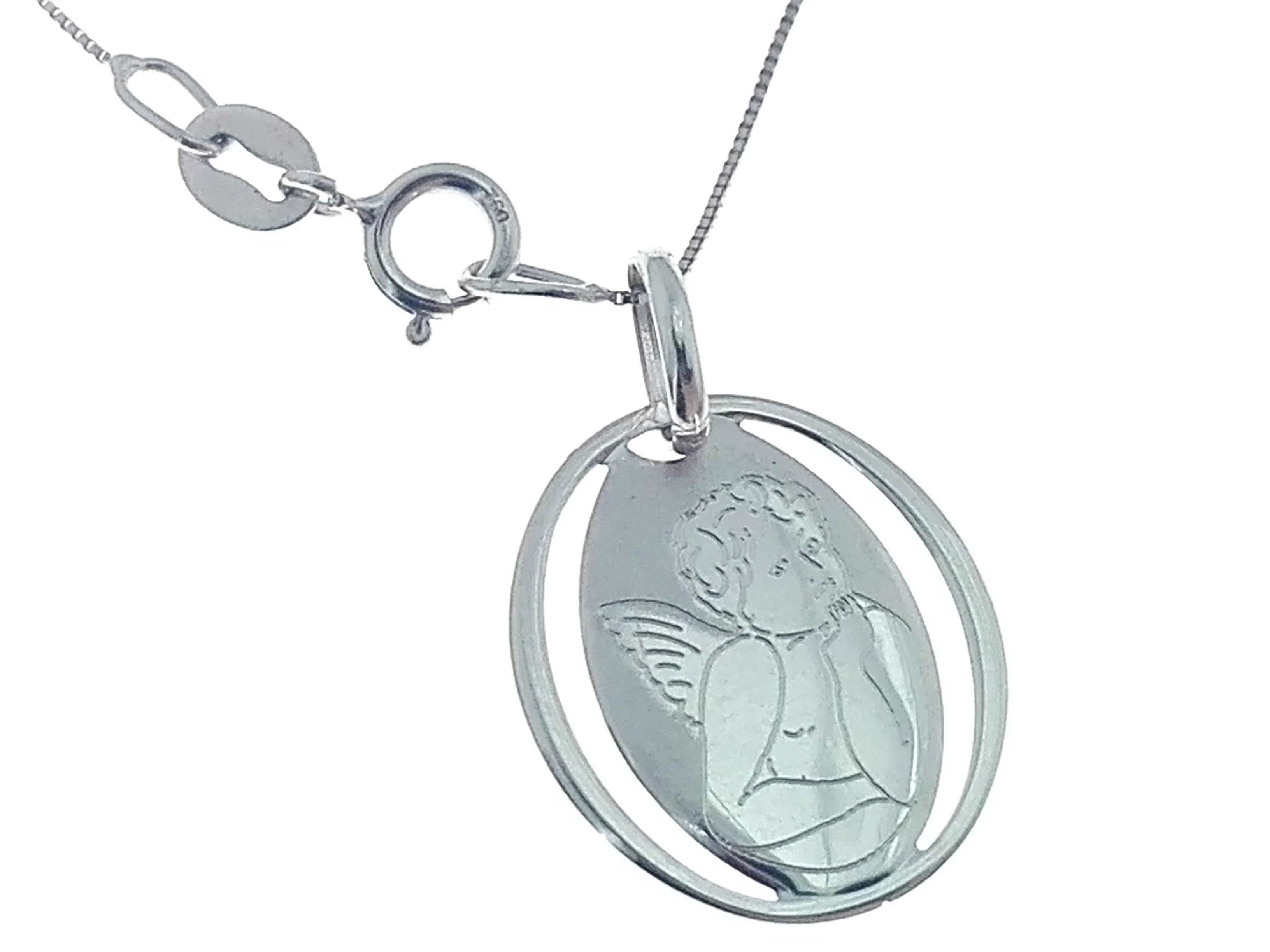 Collana Catenina Pendente Angelo Donna Oro Bianco 18 Kt Carati Ct 750 1,45 Gr