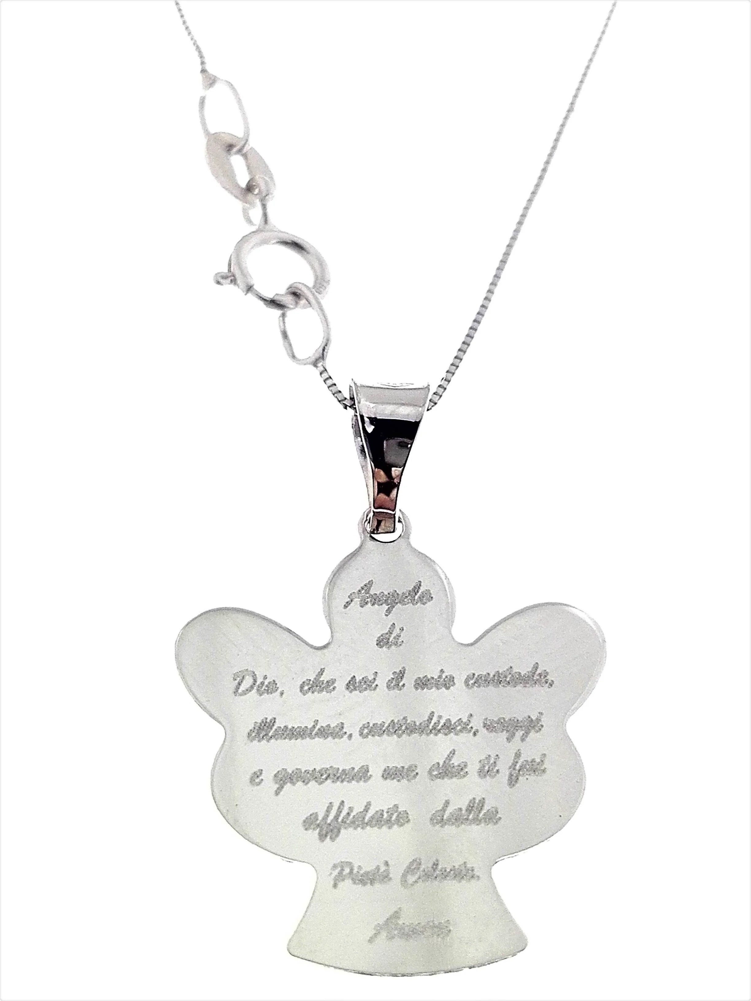 Collana Catenina Pendente Angelo Preghiera Donna Oro Bianco 18 Kt Carati Ct 750