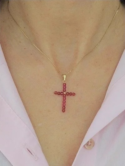Collana Catenina Pendente Croce Rubini Uomo Donna Oro Giallo 18 kt Carati Ct 750 - immagine 2