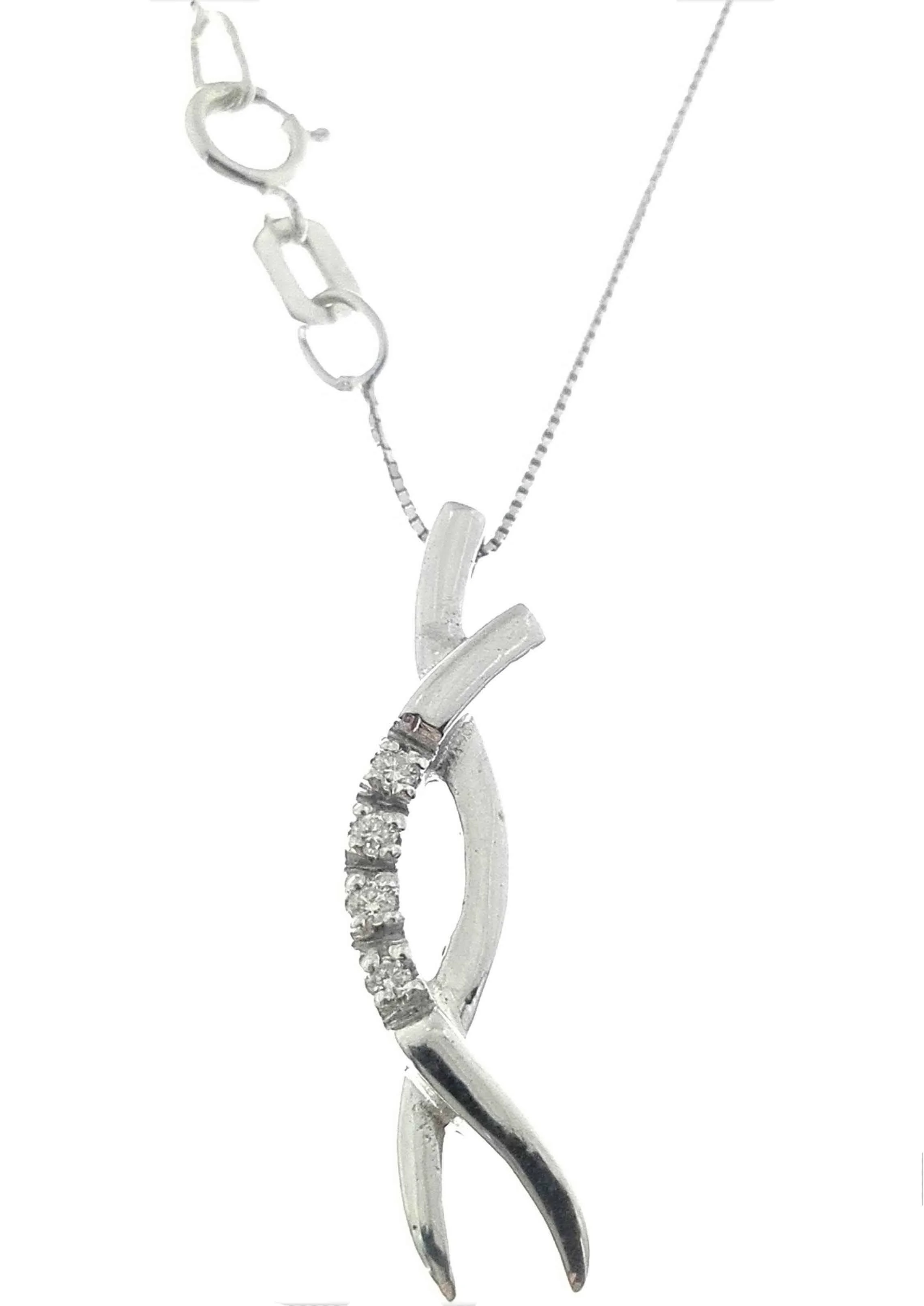 Collana Catenina Pendente Donna Oro Bianco 18 kt Carati Diamanti 0,04 Ct