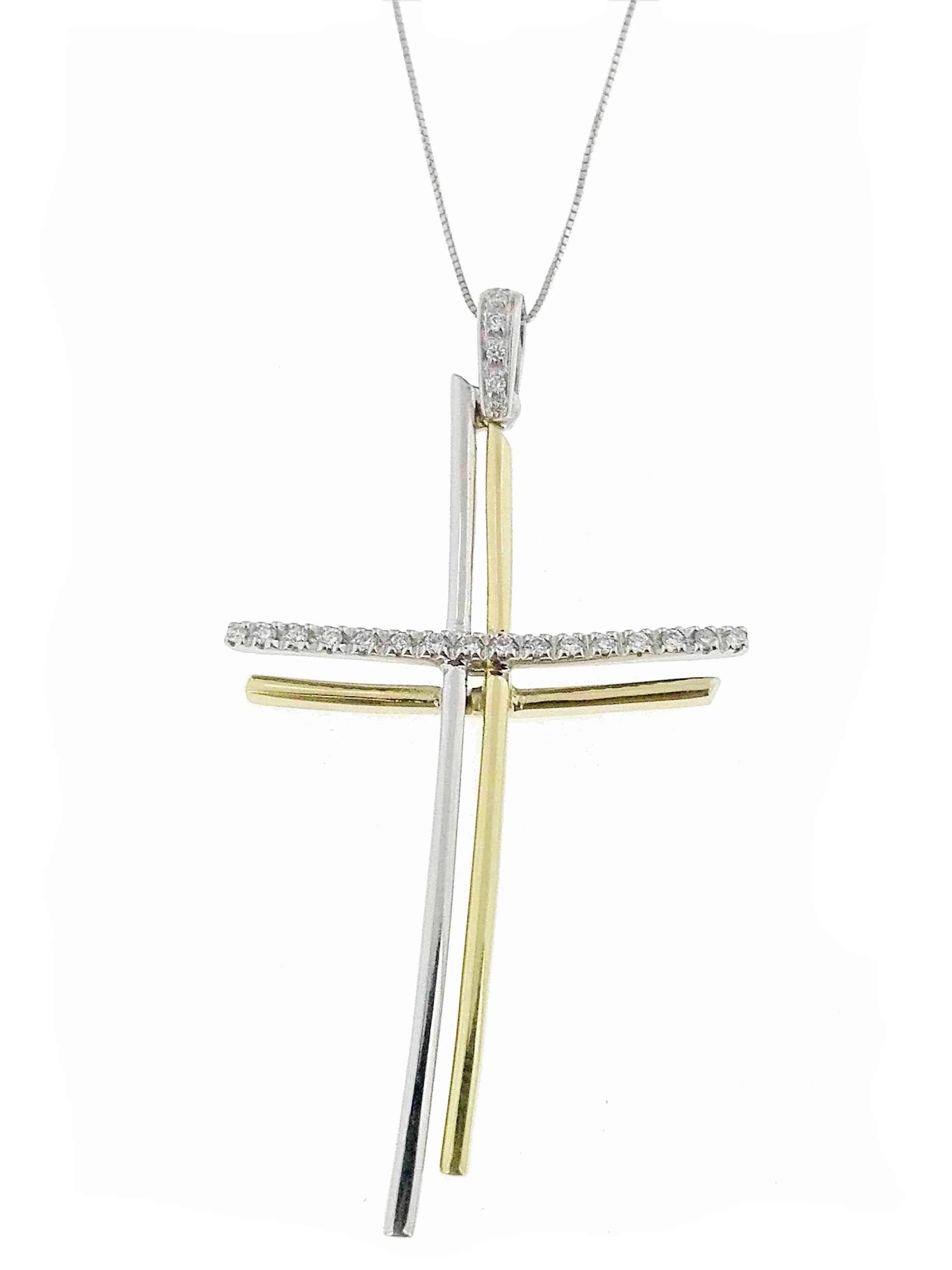 Collana Donna Diamanti Croce Oro Bianco Giallo 18 kt Carati 750 6,50 Gr 0,15 CT