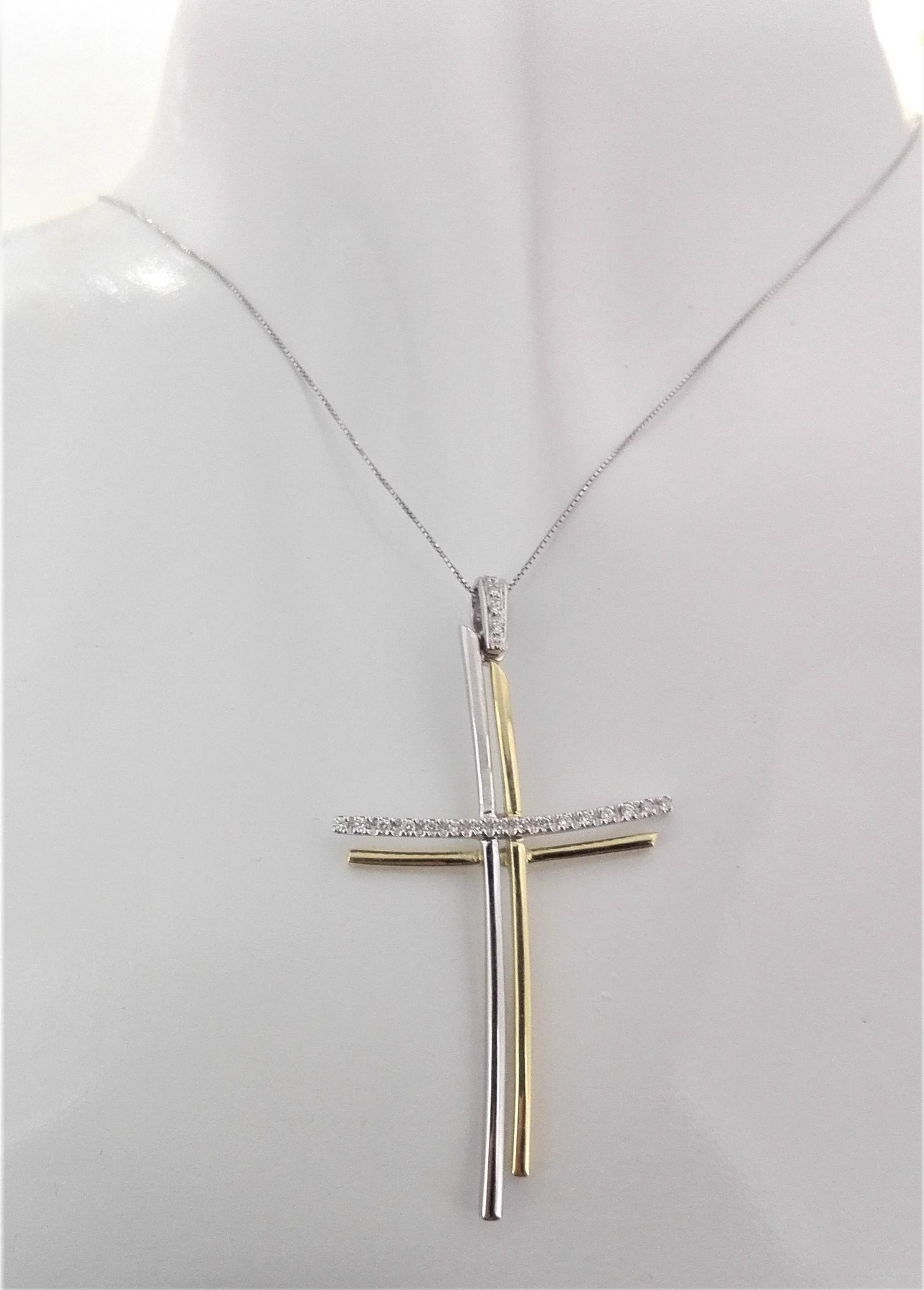 Collana Donna Diamanti Croce Oro Bianco Giallo 18 kt Carati 750 6,50 Gr 0,15 CT - immagine 2