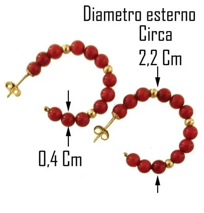 Orecchini Corallo Cerchio Cerchi Donna Oro Giallo 18 Kt Carati Ct 750 Gr 2,50 - immagine 3