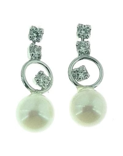 Orecchini Donna Perle Con Zirconi Oro Bianco 18 kt Carati Ct 750 1,65 Gr